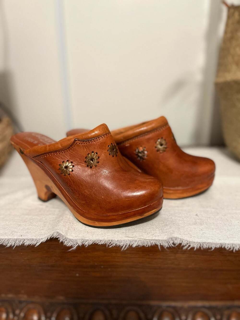 Vintage Captivator Brown Leather Clogs with Wooden Heel